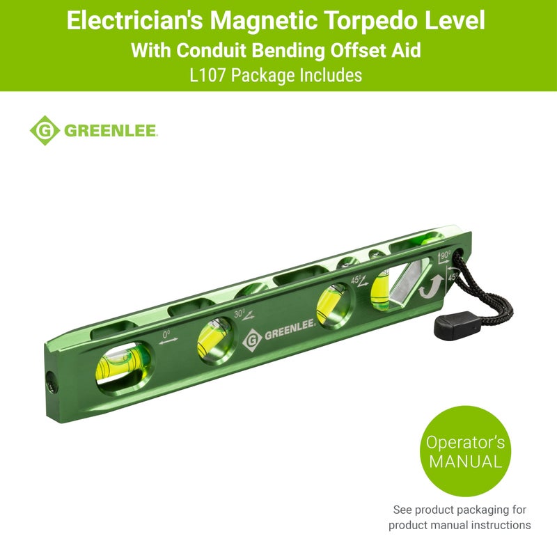 Greenlee L107 Electrician's Magnetic Torpedo Level with Conduit Bending Offset Aid, Green - Image 2